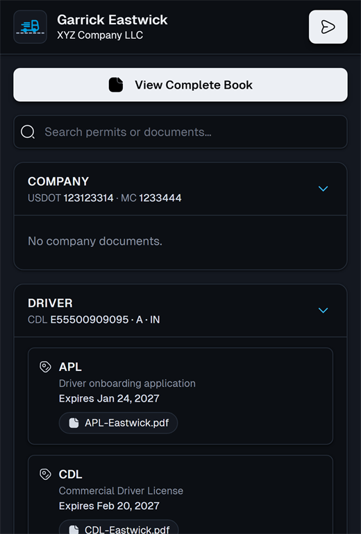The digital permit book open on a phone, showing the company, driver and their CDL, application and clearinghouse documents with expiry dates.
